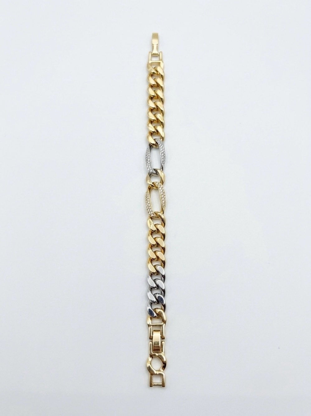 Gold Filled Tri-Tone Link Bracelet with Pave Accents NEW with Box, 6.5” to 7.5”